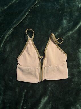 Light Pink Ribbed Zip-Front Bralette with Olive Trim
